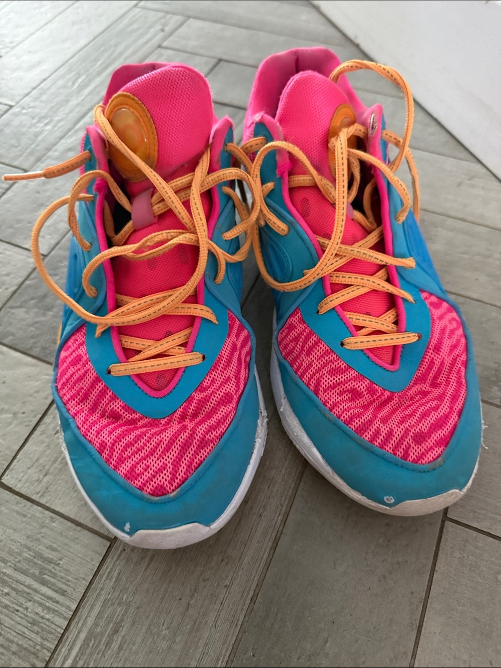 Nike Pink and Blue Kids' Sneakers with Orange Laces